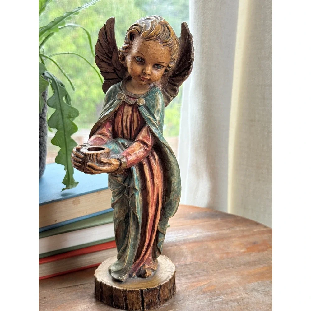 Vintage Hand Painted Angel Figurine Taper Candle Holder Rustic Wood Look Cherub